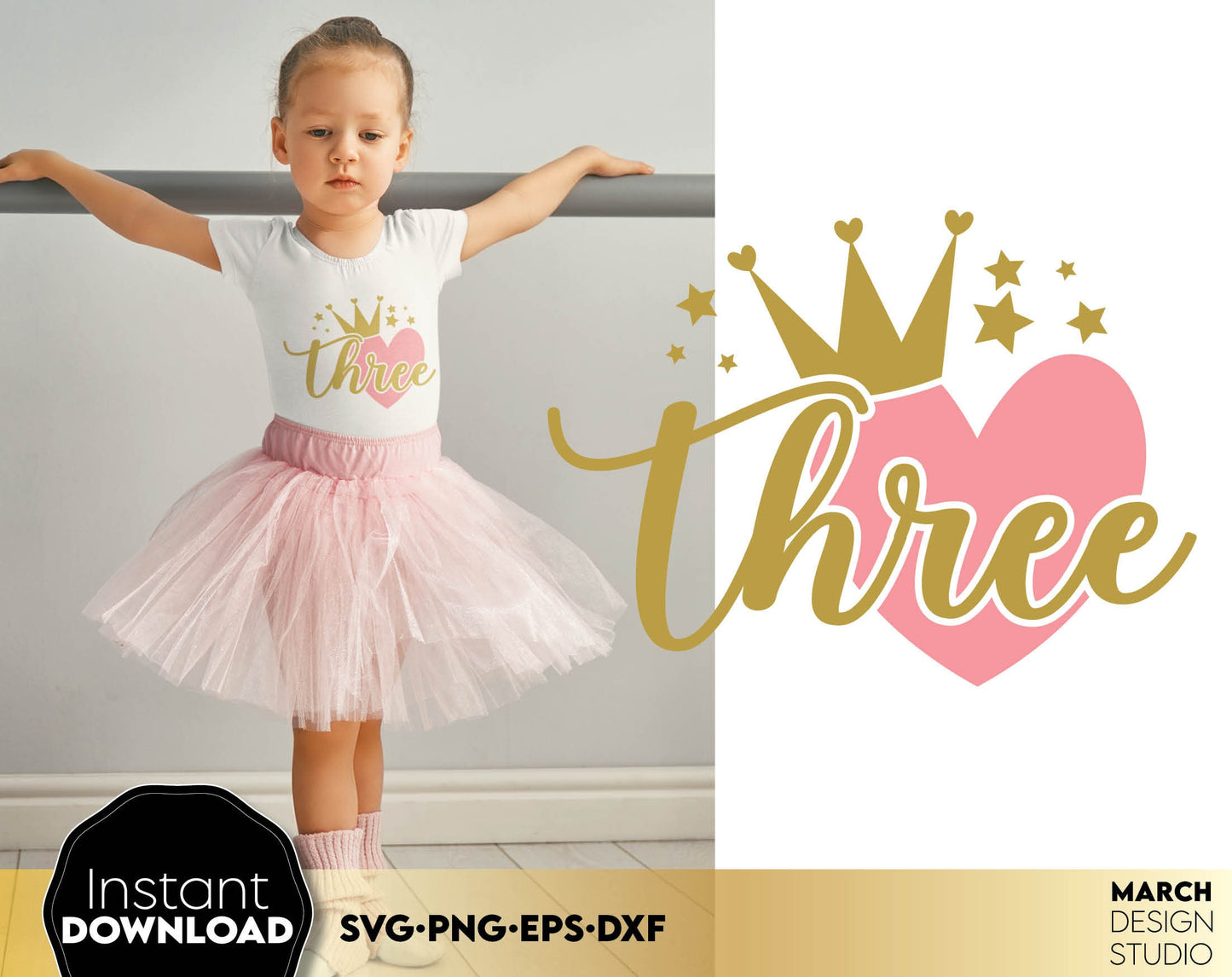 Birthday hearts bundle for little birthday princess. Numbers from 1 - 10 with pink heart and gold crown on it! SVG, PNG, EPS, DXF files included. Use for cutting from vinyl or sublimation projects. Buy now for a good price and enjoy!