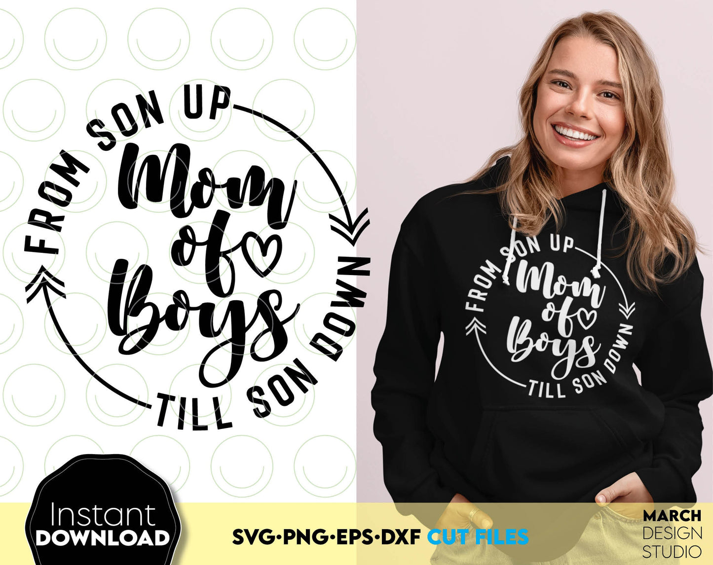 Mom of boys from son up till son down. Design for Your loved ones moms. SVG, PNG, EPS, DXF files included. Cut from vinyl, use for sublimation or laser cut / grave projects. Compatible with Cricut, Silhouette or other equipment. Buy now and enjoy!