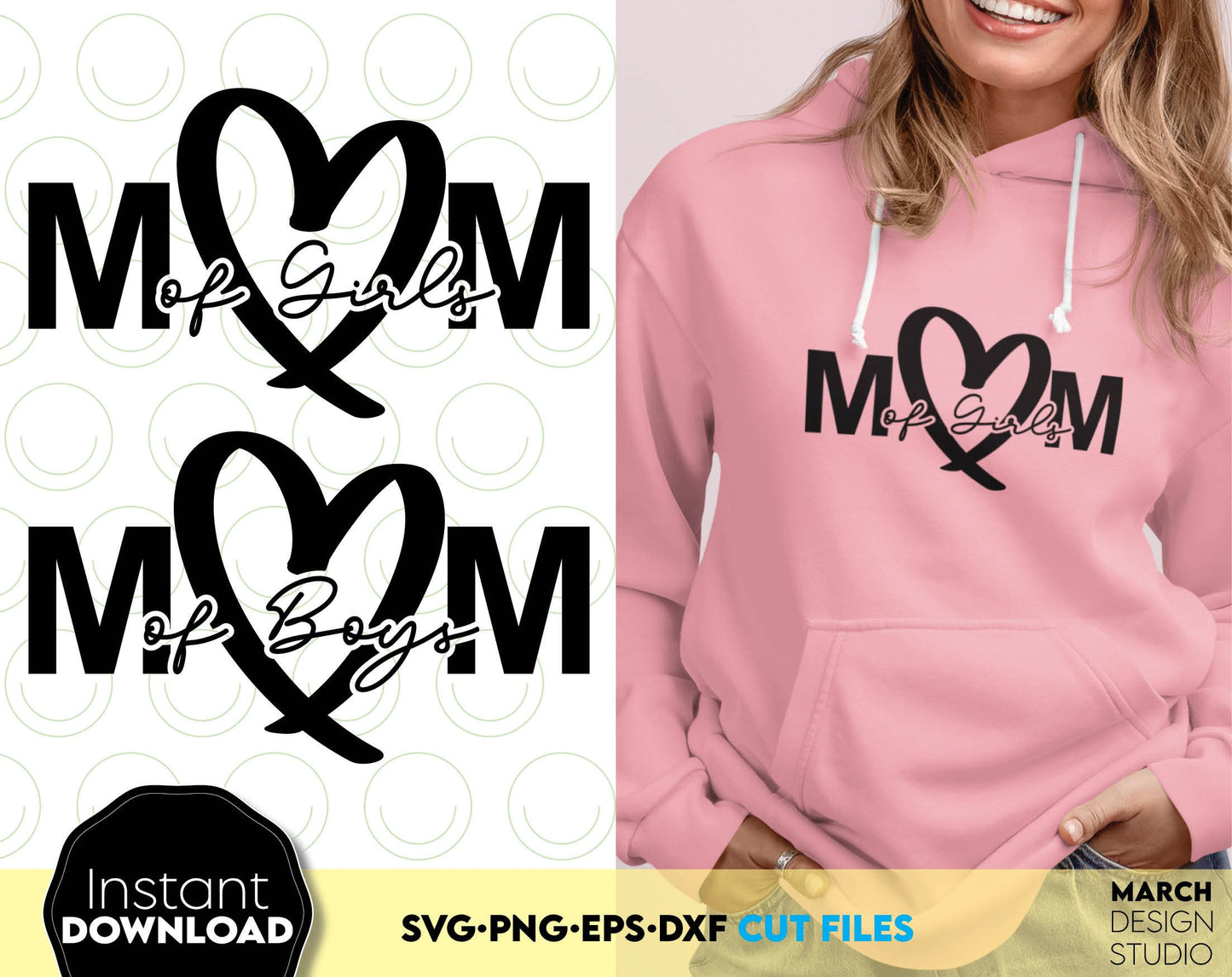 Mom of girls and Mom of Boys designs. Hand drawn Mom heart on it! SVG, PNG, JPG, EPS, DXF files included. Compatible with Cricut, Silhouette and others machines. Use for sublimation or laser cut projects as well. Buy now for a good price. Enjoy!