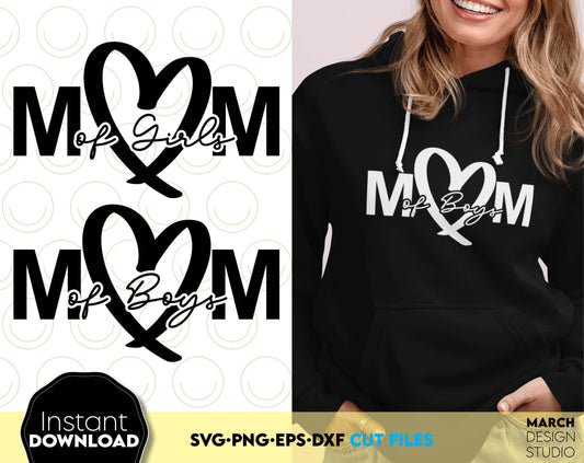 Mom of girls and Mom of Boys designs. Hand drawn Mom heart on it! SVG, PNG, JPG, EPS, DXF files included. Compatible with Cricut, Silhouette and others machines. Use for sublimation or laser cut projects as well. Buy now for a good price. Enjoy!