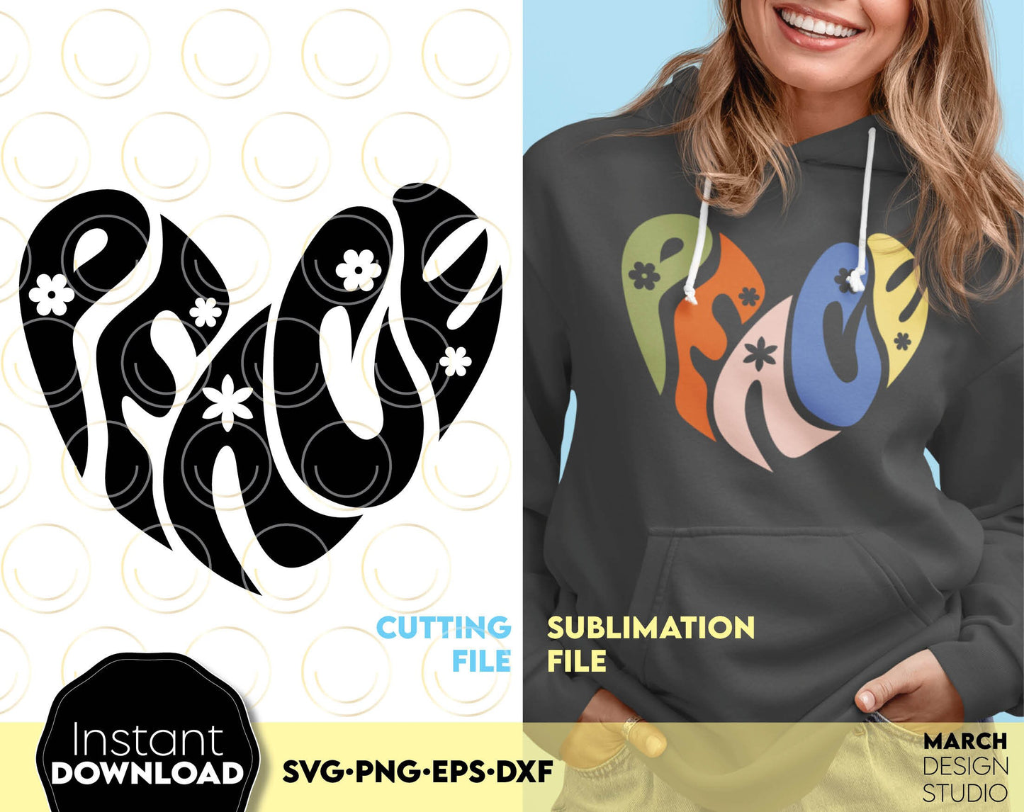 Boho style colored PEACE design. SVG PNG EPS DXF files included. Compatible with Cricut, Silhouette or other equipment. Cut from vinyl, use for sublimation or laser cut / grave projects. Buy now for a good price and enjoy!