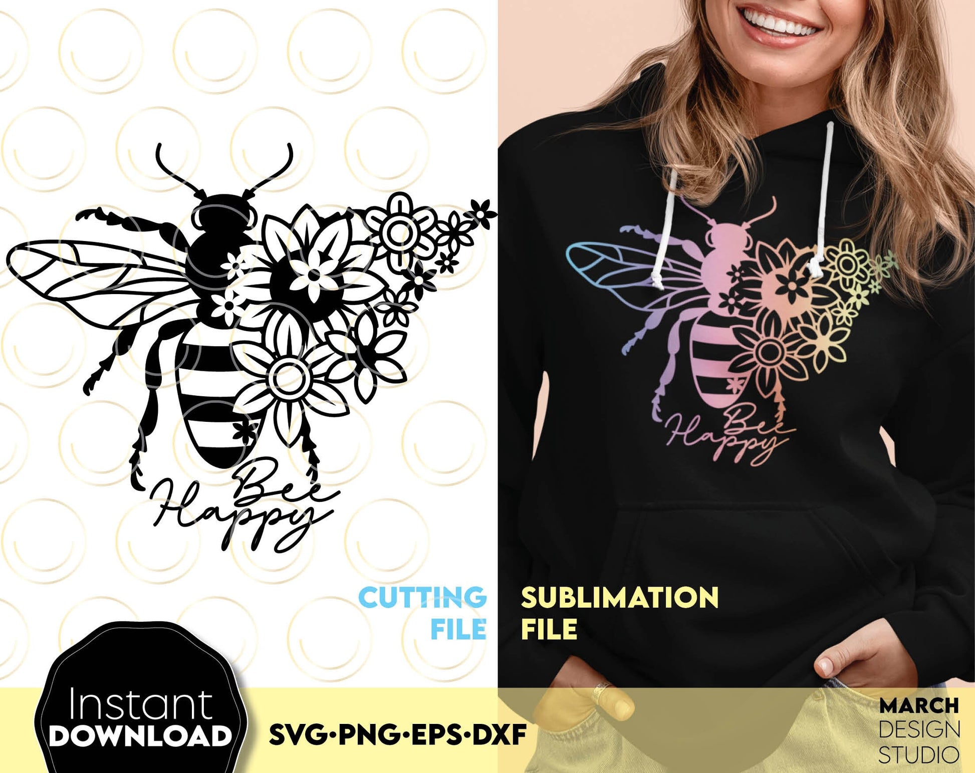 Amazing design with flowered bee. Bee happy design for cutting and sublimation on shirts, tumblers, pillows etc. SVG, PNG, EPS, DXF files included. Cut from vinyl or use for sublimation projects. Compatible with Cricut, Silhouette. Buy now and enjoy!