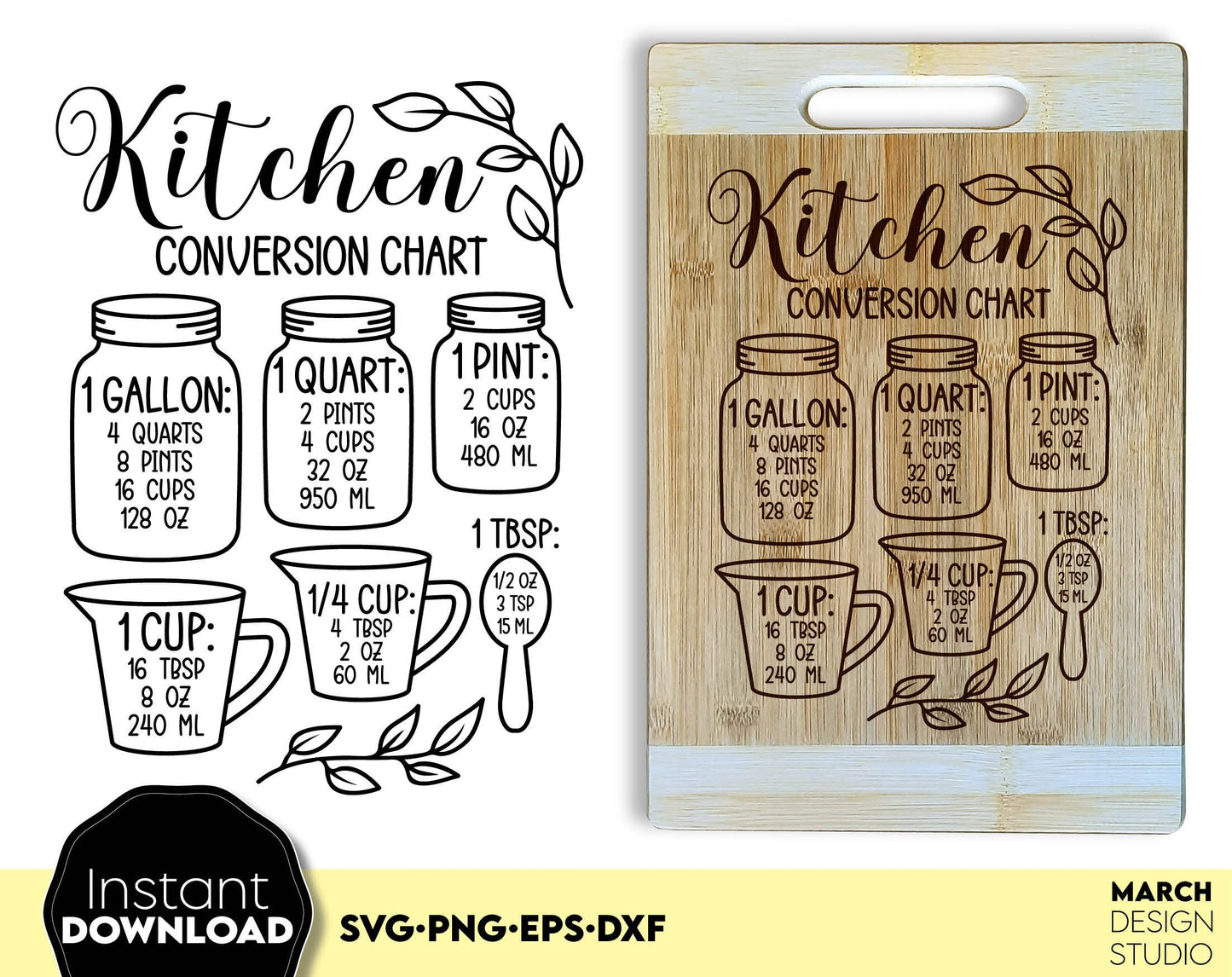 Kitchen conversion chart file design for Your kitchen projects. SVG, PNG, EPS, DXF files included. Use for cutting from vinyl, sublimation or laser cut/ grave projects. Compatible with Cricut, Silhouette and other machines. Buy now for a good price.