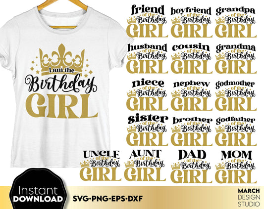 Birthday girl family matching shirts for birthday party. Use for cutting form vinyl, sublimation or laser cut projects. SVG, PNG, DXF, EPS files included. Compatible with Cricut, Silhouette, Glowforge and other equipment. Buy now and enjoy!