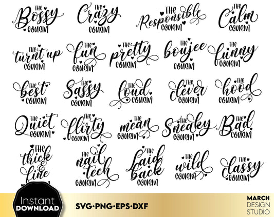 24 cousin crew designs for Your family party. SVG, PNG, EPS, DXF files included. Cut from vinyl, use for sublimation or laser cut / grave projects. Compatible with Cricut, Silhouette or other equipment. Buy now for a good price and enjoy!