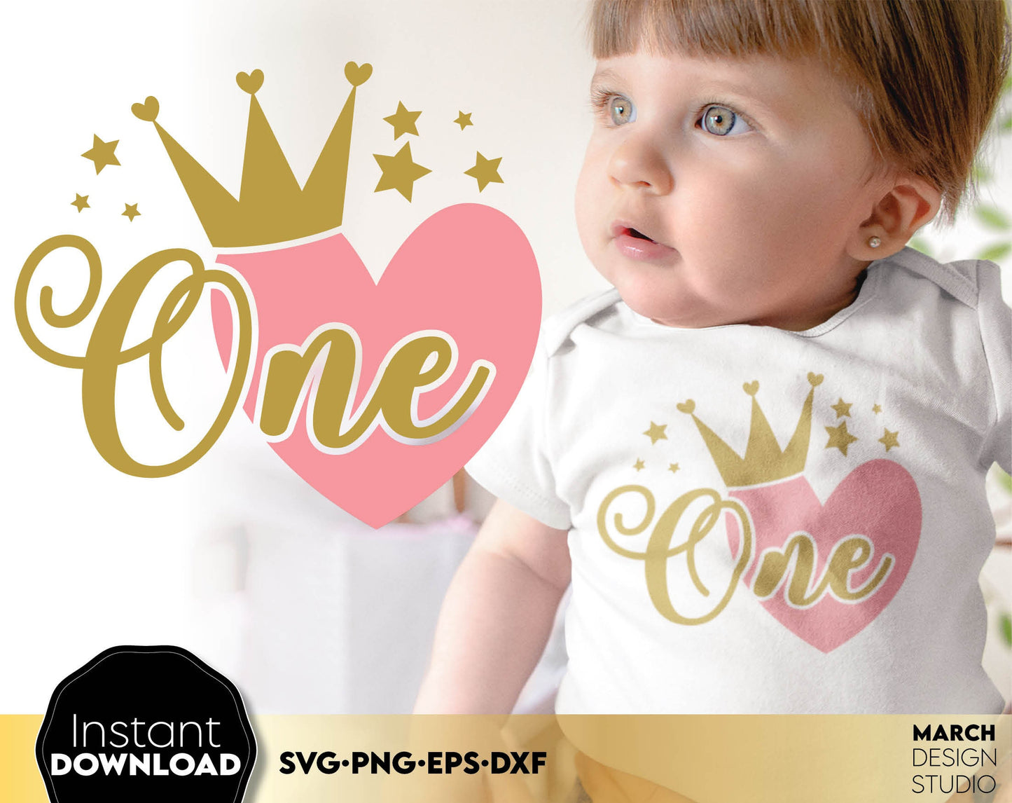 Birthday hearts bundle for little birthday princess. Numbers from 1 - 10 with pink heart and gold crown on it! SVG, PNG, EPS, DXF files included. Use for cutting from vinyl or sublimation projects. Buy now for a good price and enjoy!