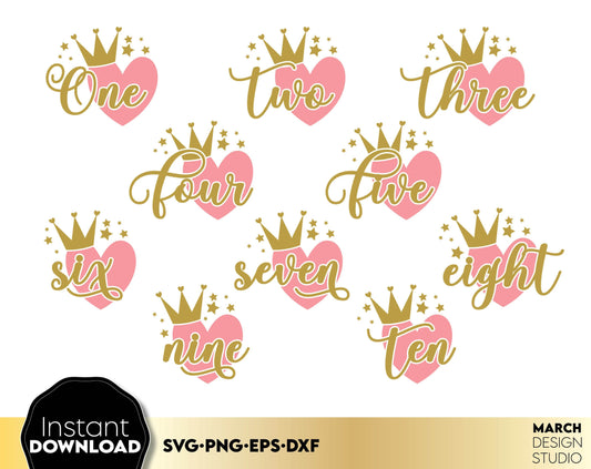 Birthday hearts bundle for little birthday princess. Numbers from 1 - 10 with pink heart and gold crown on it! SVG, PNG, EPS, DXF files included. Use for cutting from vinyl or sublimation projects. Buy now for a good price and enjoy!