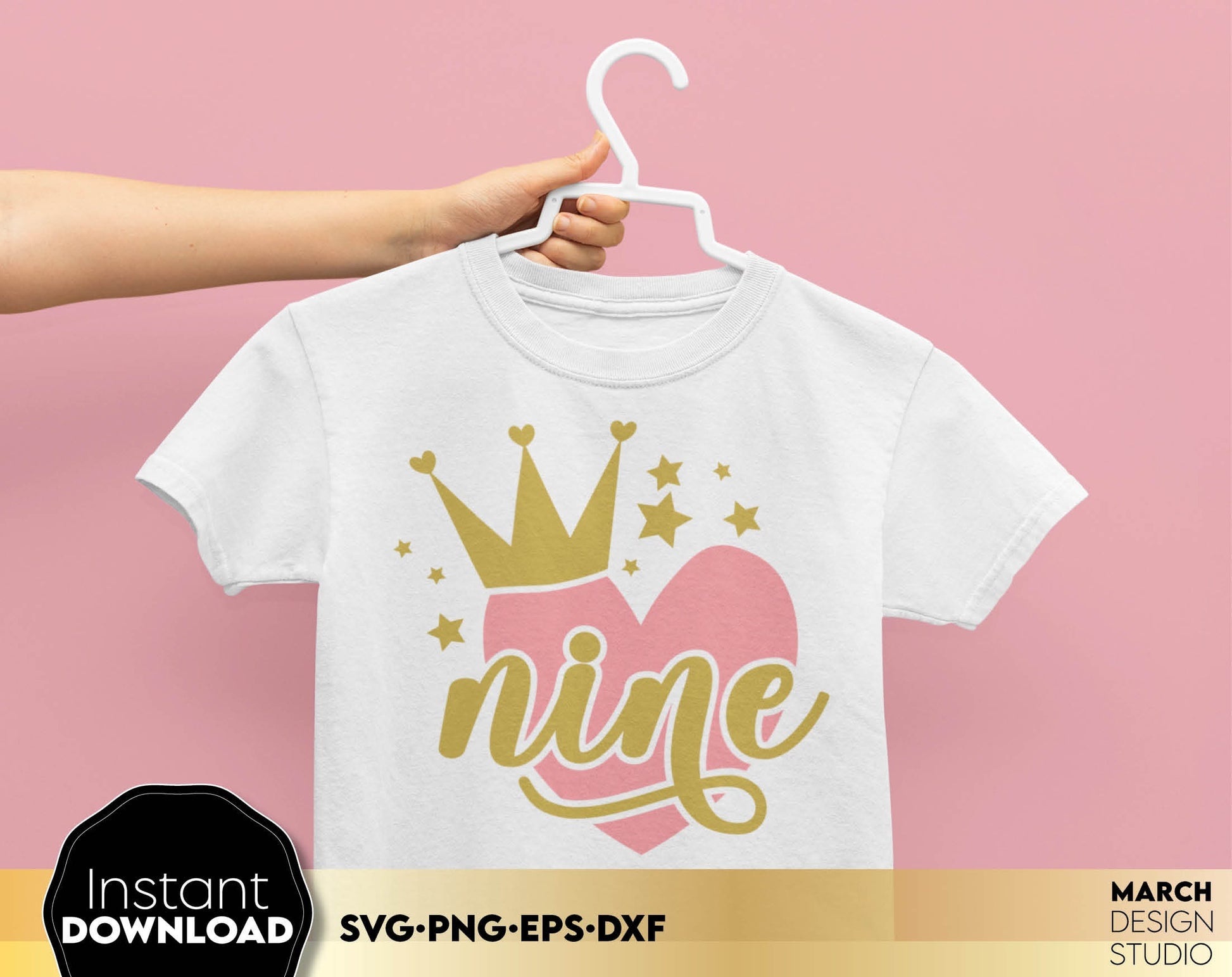 Birthday hearts bundle for little birthday princess. Numbers from 1 - 10 with pink heart and gold crown on it! SVG, PNG, EPS, DXF files included. Use for cutting from vinyl or sublimation projects. Buy now for a good price and enjoy!