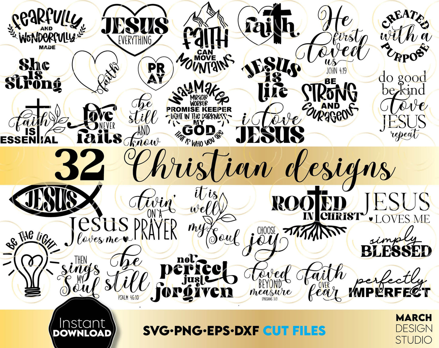 Christian 32 designs bundle for Easters or other event. SVG PNG EPS DXF files included. Compatible with Cricut, Silhouette or other equipment. Cut from vinyl, use for sublimation or laser cut or grave projects. Buy now for a good price and enjoy!