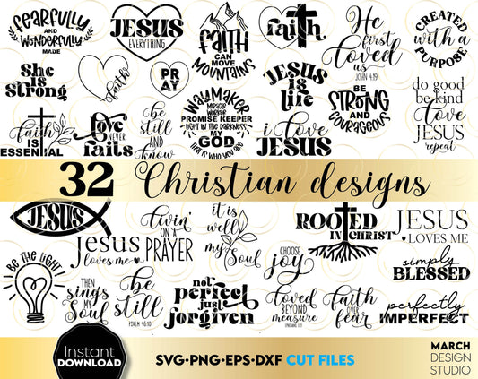 Christian 32 designs bundle for Easters or other event. SVG PNG EPS DXF files included. Compatible with Cricut, Silhouette or other equipment. Cut from vinyl, use for sublimation or laser cut or grave projects. Buy now for a good price and enjoy!