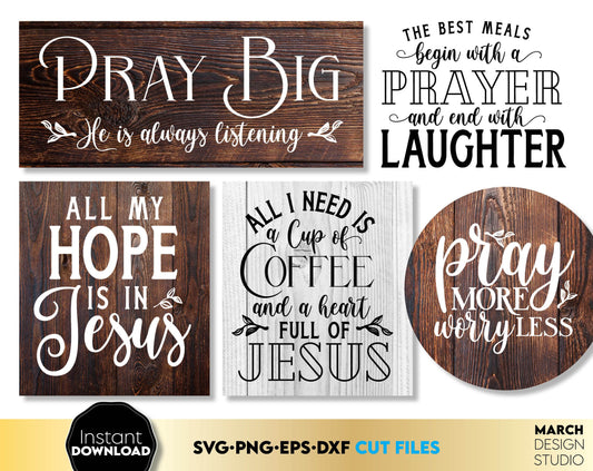 Christian rustic quotes. More than 15 Christian sayings for Your gift ideas. SVG PNG EPS DXF files included. Cut from vinyl, use for sublimation or laser cut or grave projects. Compatible with Cricut, Silhouette or other equipment. Buy now and enjoy!