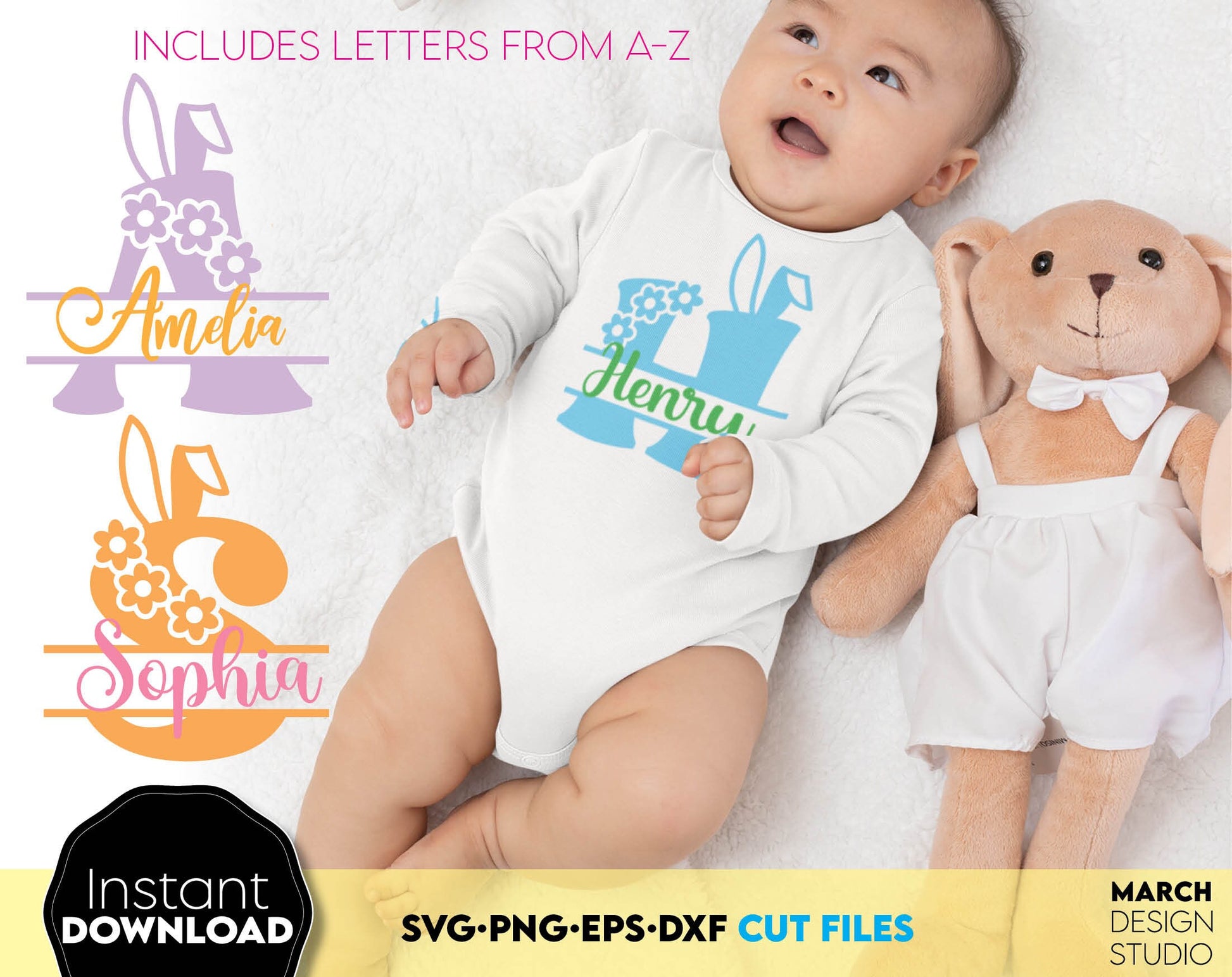 Easter Monogram for kids with flowers and bunny ears. SVG PNG EPS DXF files included. Compatible with Cricut, Silhouette or other equipment. Cut from vinyl, use for sublimation or laser cut projects. Buy now for a good price and enjoy!