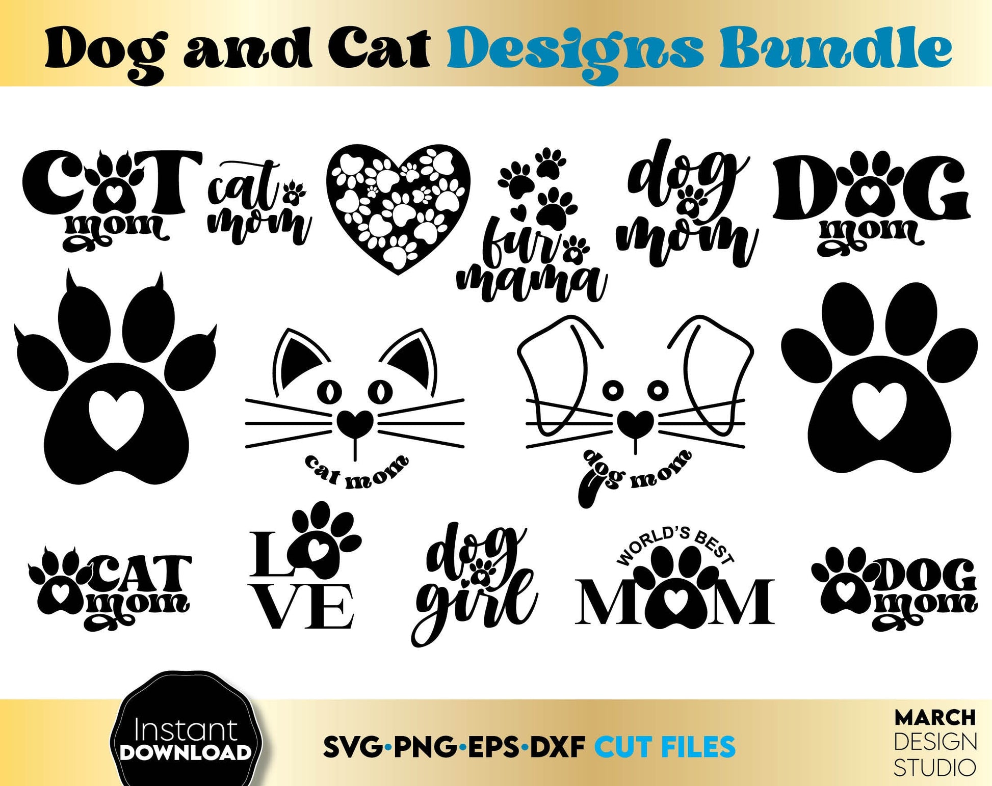 Stylized cats paw and dogs paw and cat dog faces for animal lovers. Pat lovers SVG designs Bundle for animal lovers. Use it to create beautiful and personalized things for your cat and dog - clothing, food bowl or make nice gifts for other lovers.