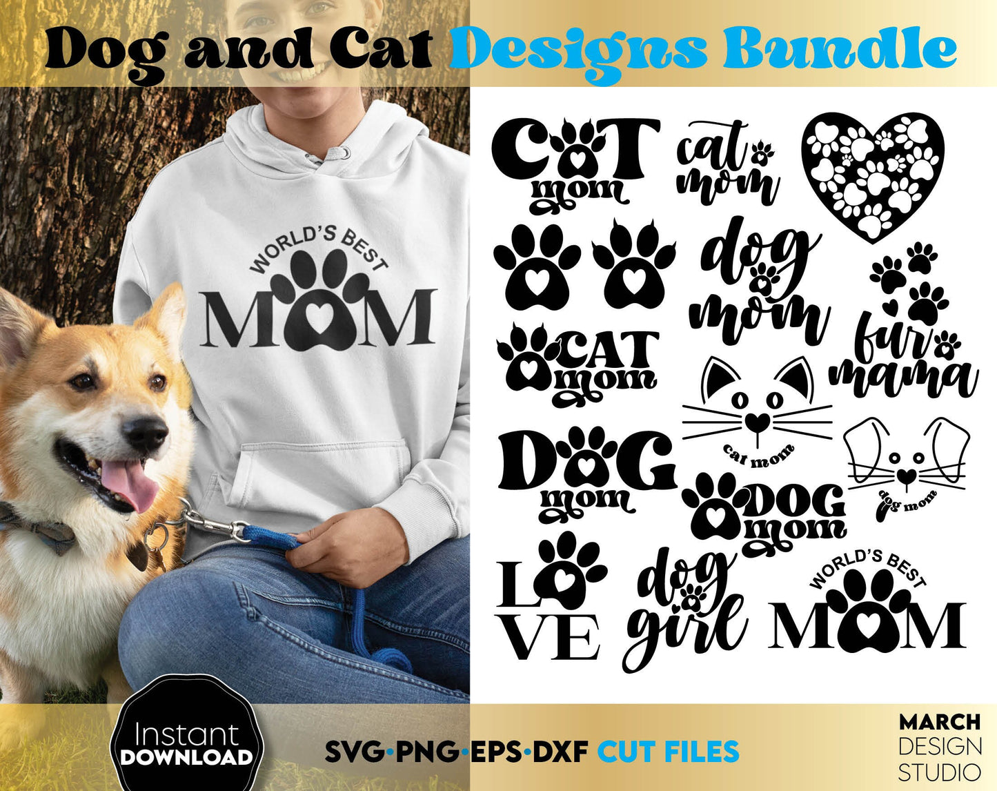 Stylized cats paw and dogs paw and cat dog faces for animal lovers. Pat lovers SVG designs Bundle for animal lovers. Use it to create beautiful and personalized things for your cat and dog - clothing, food bowl or make nice gifts for other lovers.