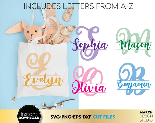 Kids split monogram, birthday monogram for crafters. Popular file formats included. Compatible with Cricut, Silhouette or other equipment. Cut from vinyl, use for sublimation or laser cut / grave projects. Buy now for a good price and enjoy!