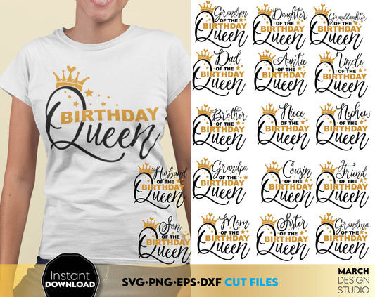 Birthday Queen family shirts bundle. SVG PNG EPS DXF files included. Compatible with Cricut, Silhouette or other machine. Cut from vinyl, use for printing, sublimation or laser cut projects. But now for a good price and enjoy!