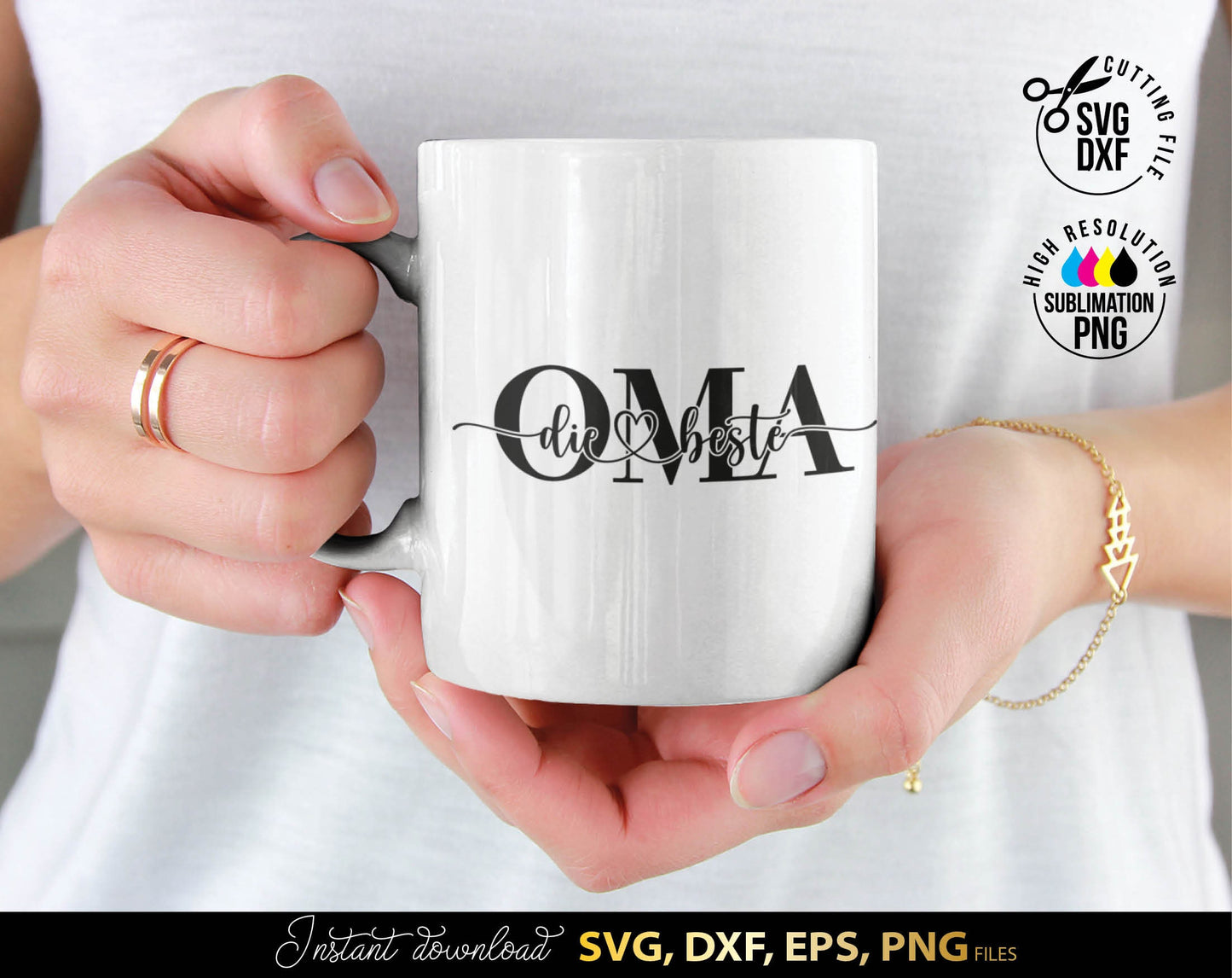 Die Beste Mama und Die Beste Oma plotter files. SVG, DXF, EPS, PNG files included. Cut from vinyl, or use for sublimation or laser cut / grave projects. Compatible with Cricut, Silhouette or other equipment. Buy now fpr a good price and enjoy!