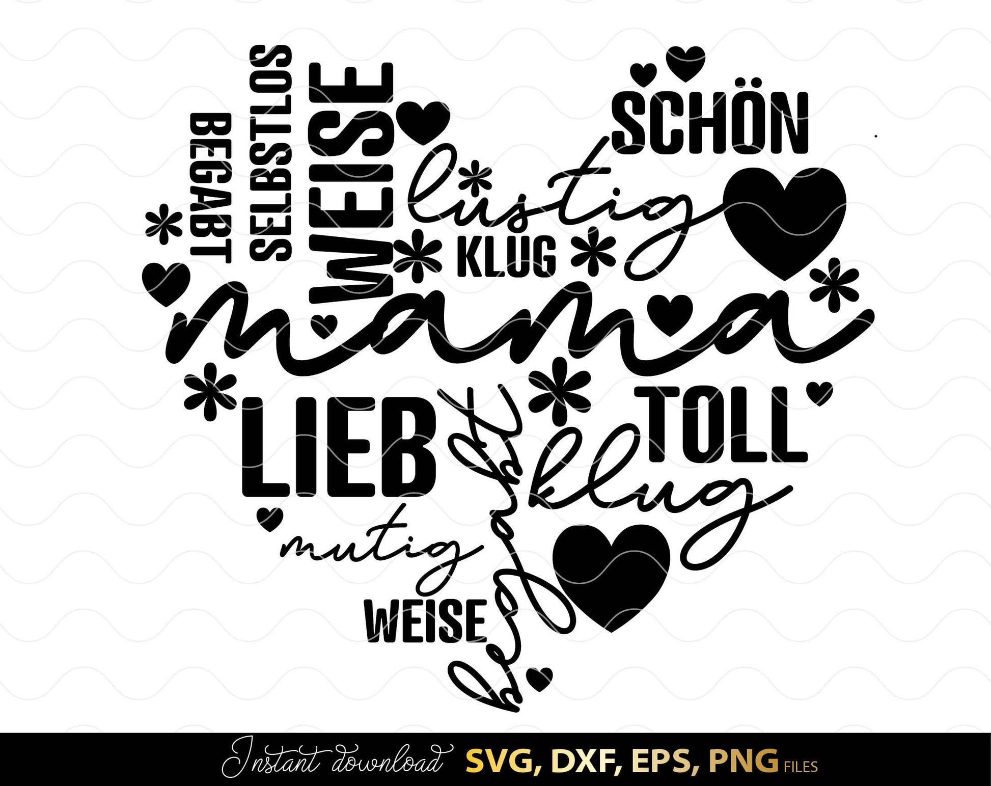 German Mama saying plotter file. SVG DXF EPS and PNG files included. Compatible with Cricut, Silhouette or other equipment. 
Cut from vinyl, use foe sublimation or laser cut or grave projects as well. Buy now for a good price and enjoy! Plotter file