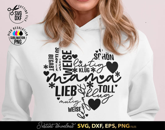 German Mama saying plotter file. SVG DXF EPS and PNG files included. Compatible with Cricut, Silhouette or other equipment. 
Cut from vinyl, use foe sublimation or laser cut or grave projects as well. Buy now for a good price and enjoy! Plotter file