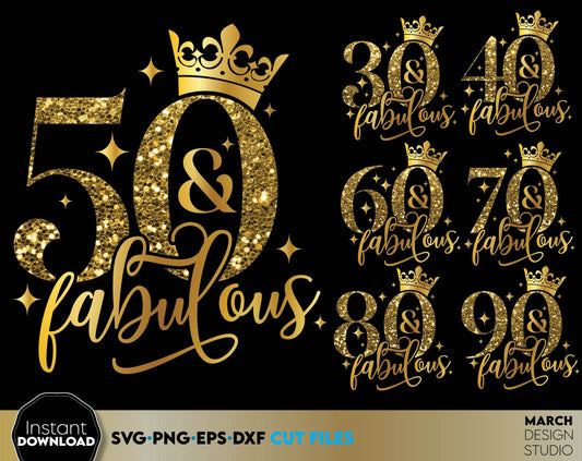 Birthday bundle - and fabulous for 50th and other anniversary birthdays. Svg files allow use design for cutting from vinyl. Gold glittered png for amazing sublimation projects. Use dxf for laser cut as well. Buy now for a good price and enjoy!