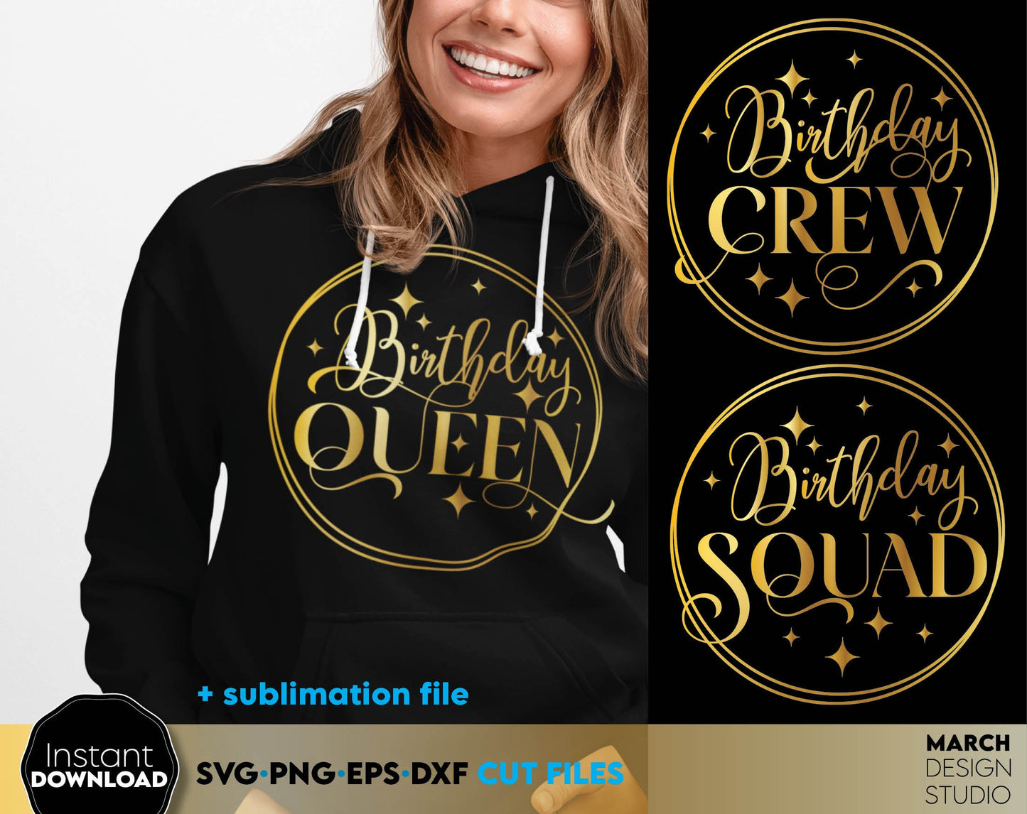 Birthday Queen, Birthday Squad and Birthday Crew designs for Your Birthday shirts designs. SVG PNG EPS and DXF files included. Compatible with Cricut, Silhouette, Glowforge or sublimation printers as well. Cut from vinyl, use for sublimation or laser