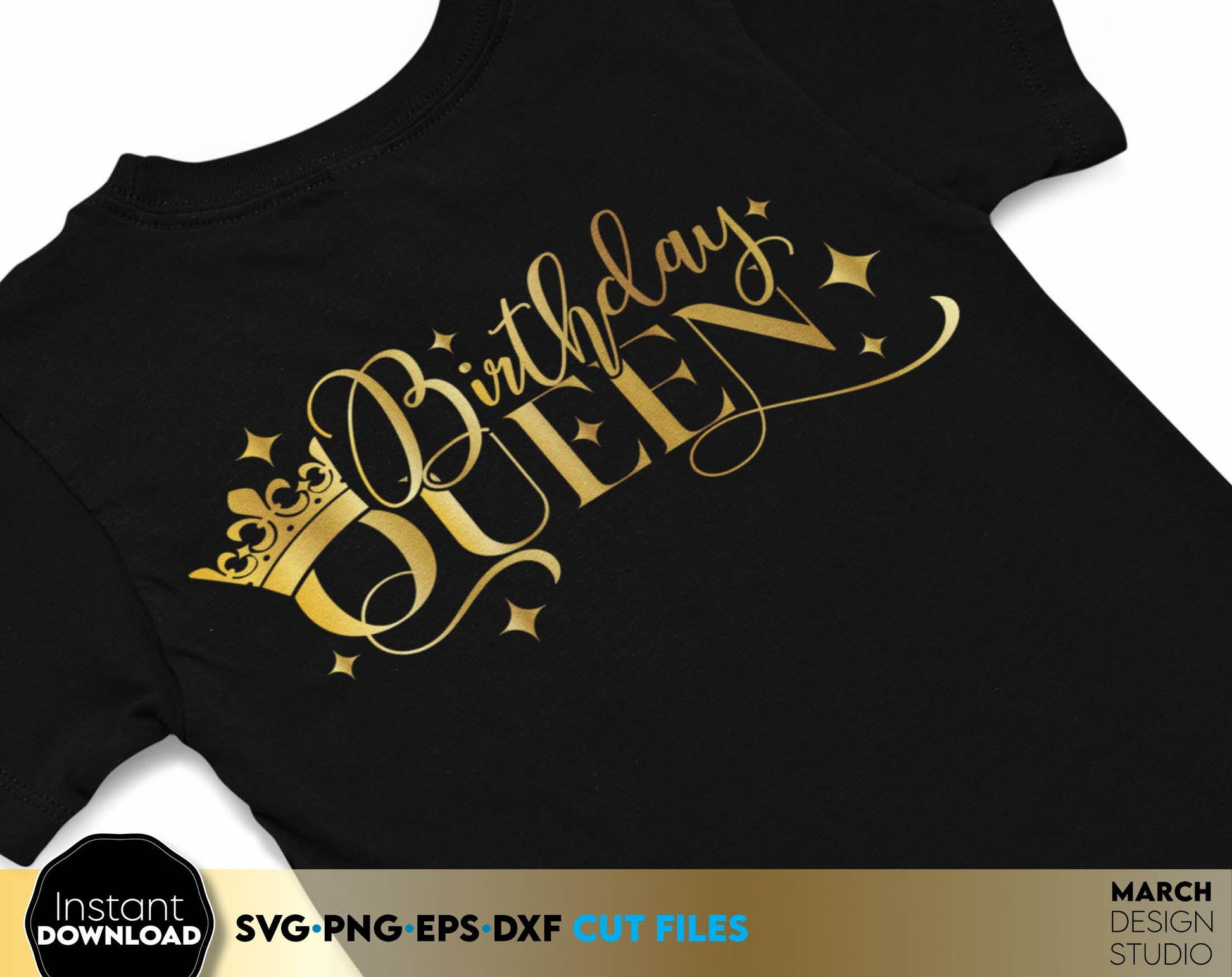 Gold glittered sublimation design for Birthday Queen party. Matching Shirts For Birthday Queen Squad or Crew. Celebrate Birthday princess party with this matching shirts designs. Use with Cricut or Silhouette equipment as well.