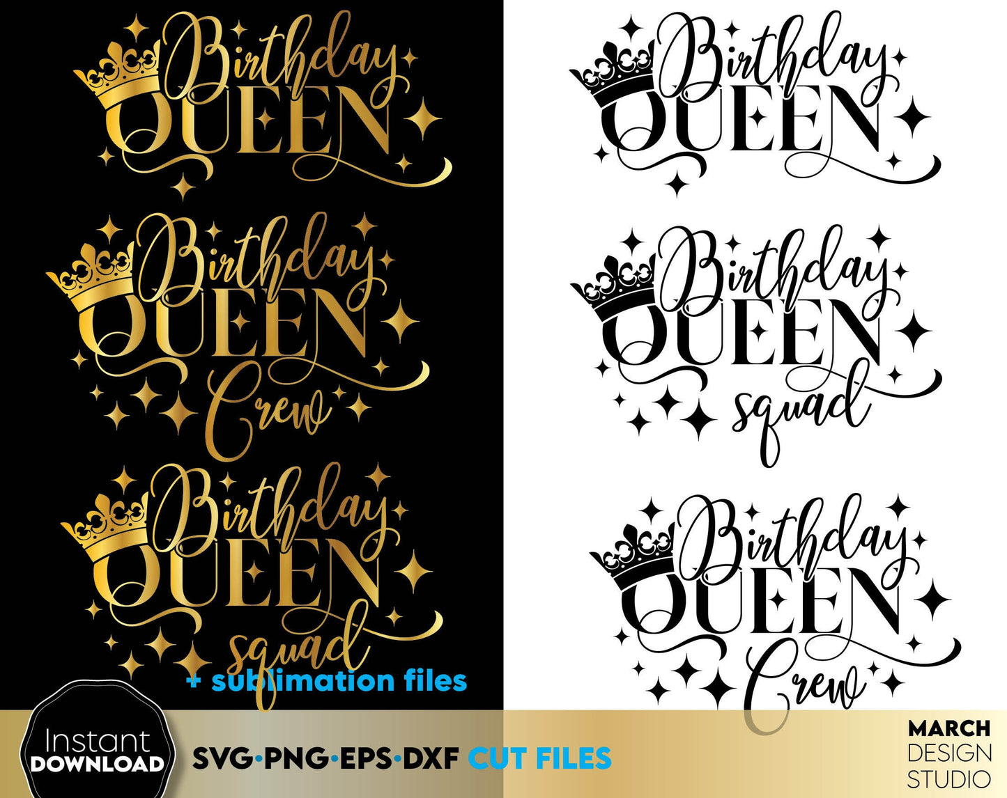 Gold glittered sublimation design for Birthday Queen party. Matching Shirts For Birthday Queen Squad or Crew. Celebrate Birthday princess party with this matching shirts designs. Use with Cricut or Silhouette equipment as well.