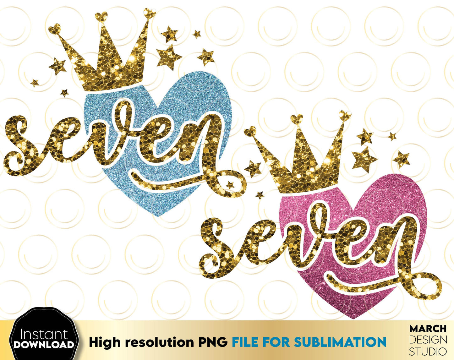 Glittered 7th Birthday Sublimable design for little queens. 7 year anniversary design with glitter and crown. Delight your kids with a great 7th birthday design. Buy now and enjoy!