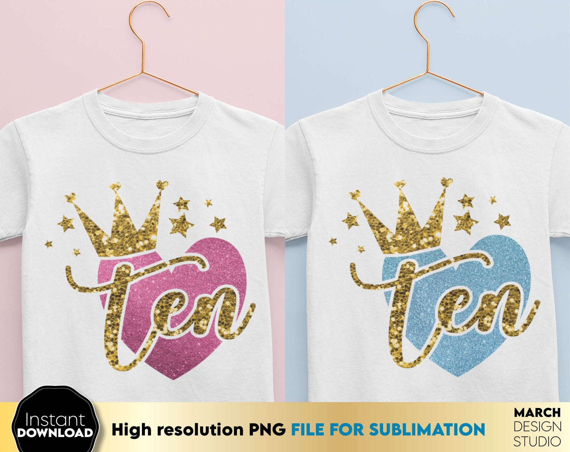 Glittered 10th Birthday Sublimable design for little queens. 10 year anniversary design with glitter and crown. Delight your kids with a great 10th birthday design. PNG file included. Buy now for agood price and enjoy!