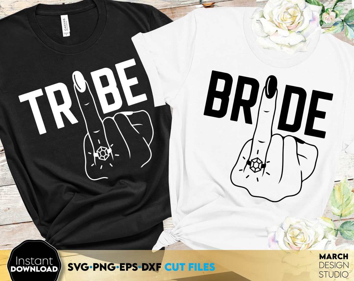 Bride Tribe party shirt design with finger and diamond on it. SVG PNG EPS DXF files included. Compatible with Cricut, Silhouette or other equipment. Cut from vinyl, use for sublimation or laser cut or grave projects. Buy now for a good price, enjoy!