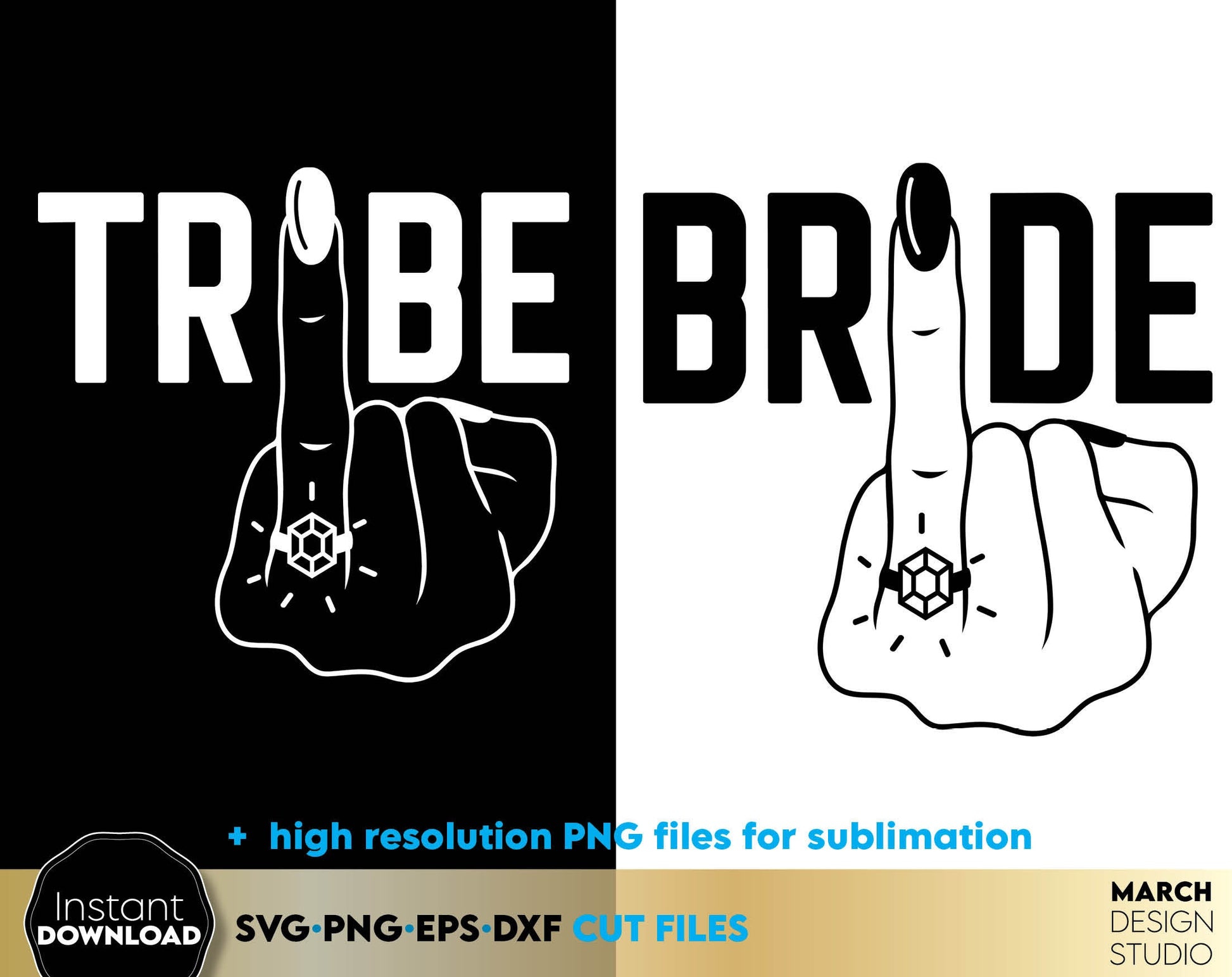 Bride Tribe party shirt design with finger and diamond on it. SVG PNG EPS DXF files included. Compatible with Cricut, Silhouette or other equipment. Cut from vinyl, use for sublimation or laser cut or grave projects. Buy now for a good price, enjoy!