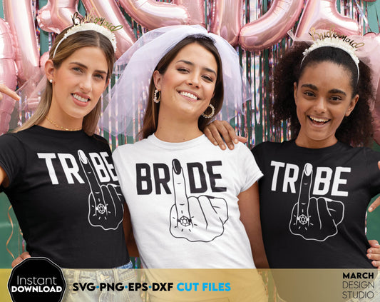 Bride Tribe party shirt design with finger and diamond on it. SVG PNG EPS DXF files included. Compatible with Cricut, Silhouette or other equipment. Cut from vinyl, use for sublimation or laser cut or grave projects. Buy now for a good price, enjoy!