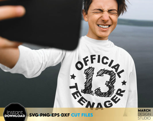 Official teenager shirt design for Your loved ones teenagers. SVG, PNG, EPS, DXF files included. Cut from vinyl, use for sublimation or laser cut projects. Compatible with Cricut, Silhouette or other machines. Buy now for a giid price and enjoy!