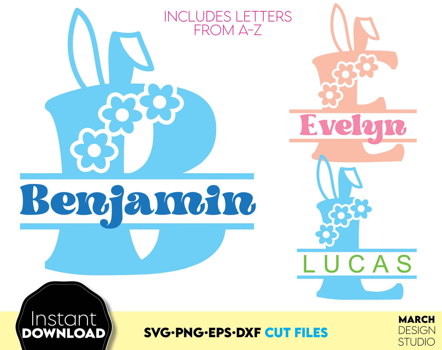 Easter Monogram for kids with flowers and bunny ears. SVG PNG EPS DXF files included. Compatible with Cricut, Silhouette or other equipment. Cut from vinyl, use for sublimation or laser cut projects. Buy now for a good price and enjoy!