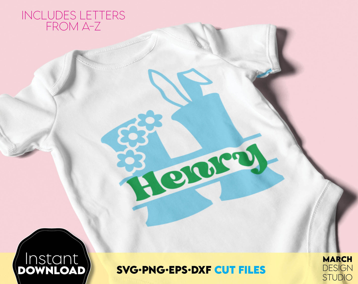 Easter Monogram for kids with flowers and bunny ears. SVG PNG EPS DXF files included. Compatible with Cricut, Silhouette or other equipment. Cut from vinyl, use for sublimation or laser cut projects. Buy now for a good price and enjoy!