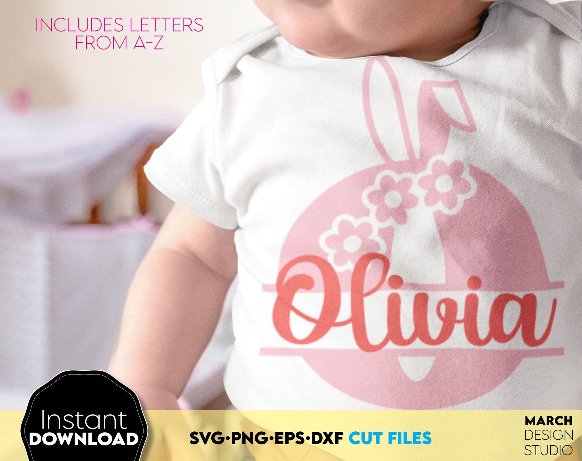 Easter Monogram for kids with flowers and bunny ears. SVG PNG EPS DXF files included. Compatible with Cricut, Silhouette or other equipment. Cut from vinyl, use for sublimation or laser cut projects. Buy now for a good price and enjoy!