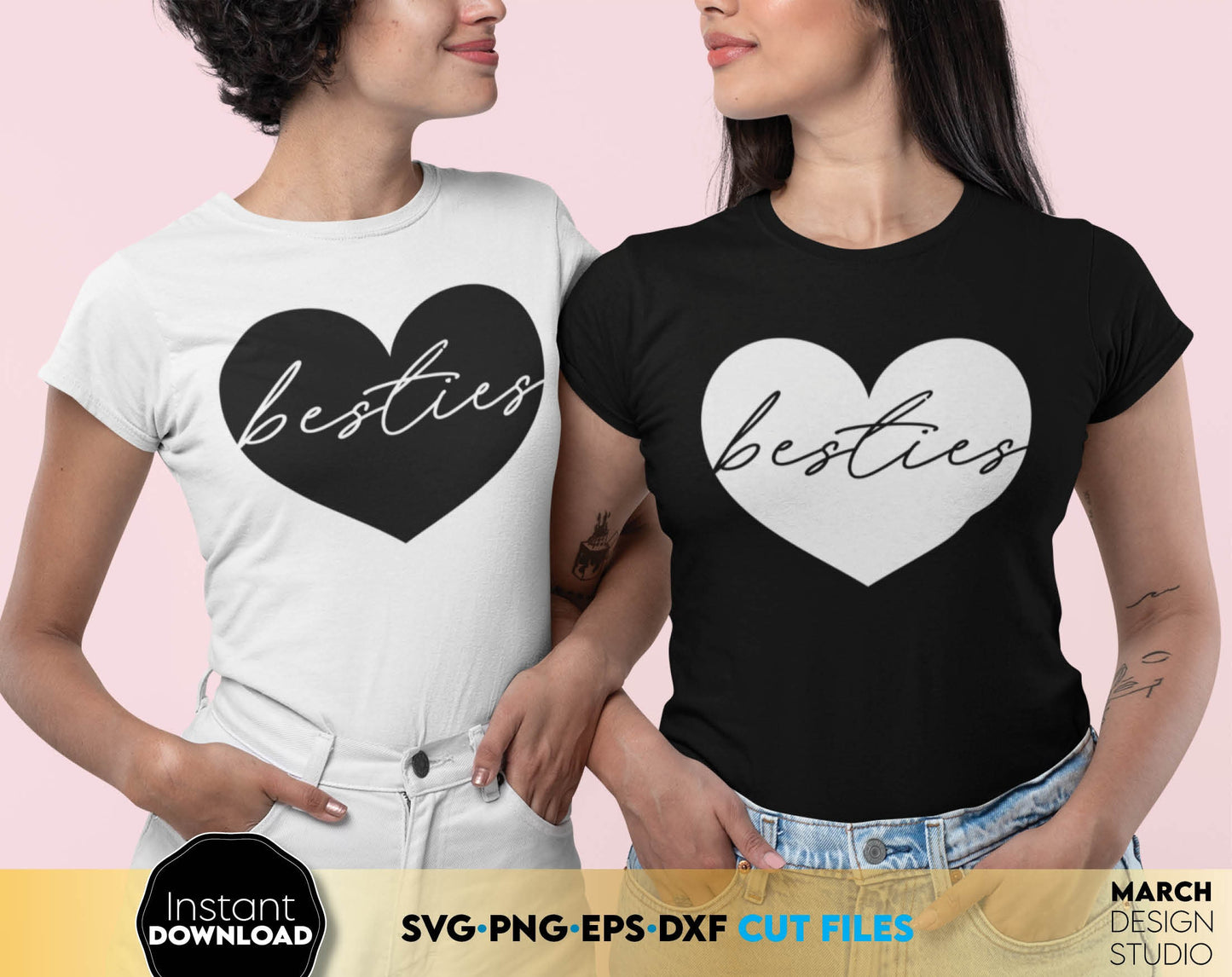 Besties shirt for 2 matching shirts designs. One for Brunette, one for Blonde. Files are compatible with Cricut, Silhouette and Glowforge machines. Cut from vinyl, use for sublimation. SVG, PNG, EPS and DXF files included. Buy now for a great price.