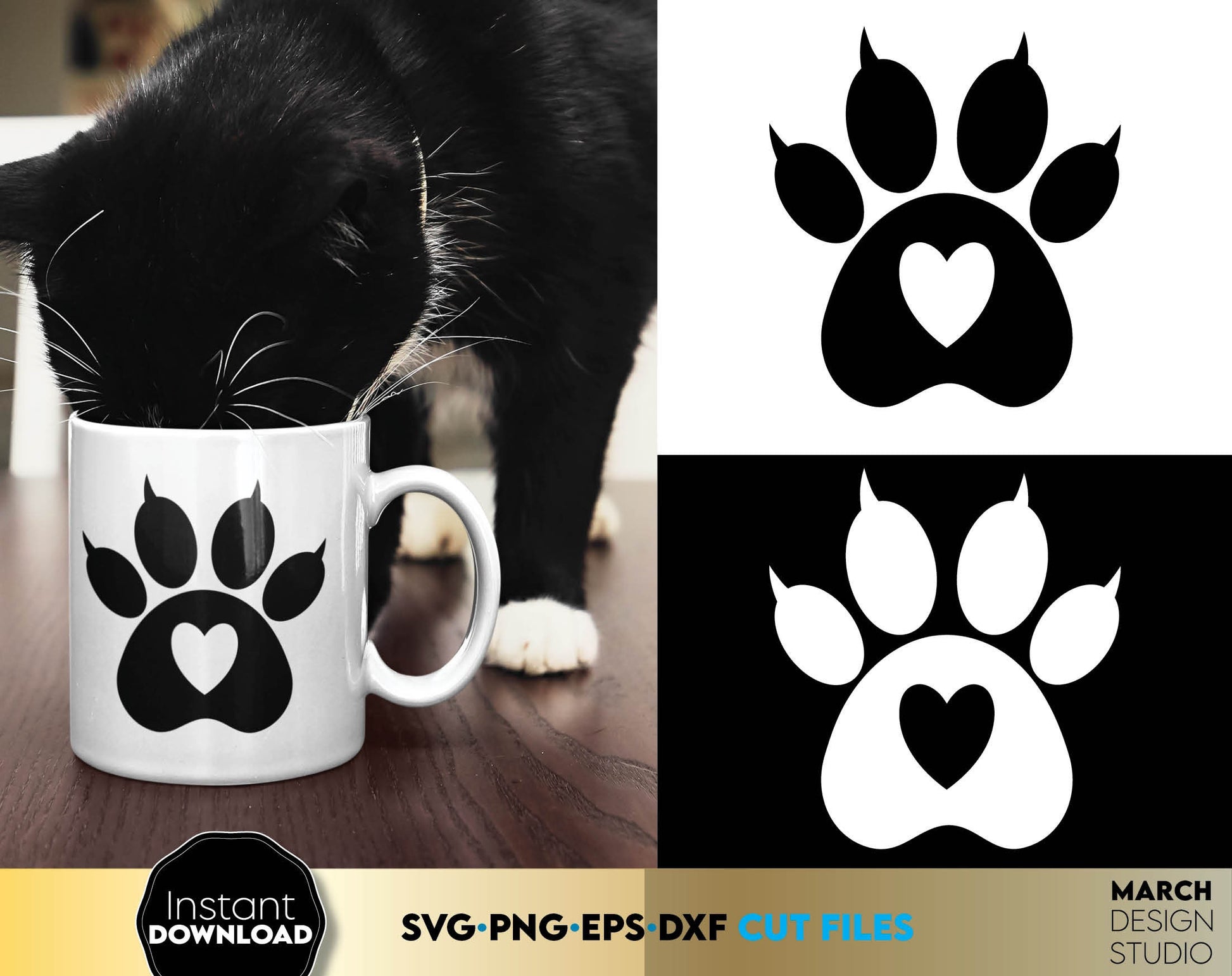 Stylized cats paw. Cat paw design for cat lovers. Use it to create beautiful and personalized things for your cat - clothing, food bowl or make nice gifts for other cat lovers. SVG, PNG, EPS and DXF files included. Buy now and enjoy!