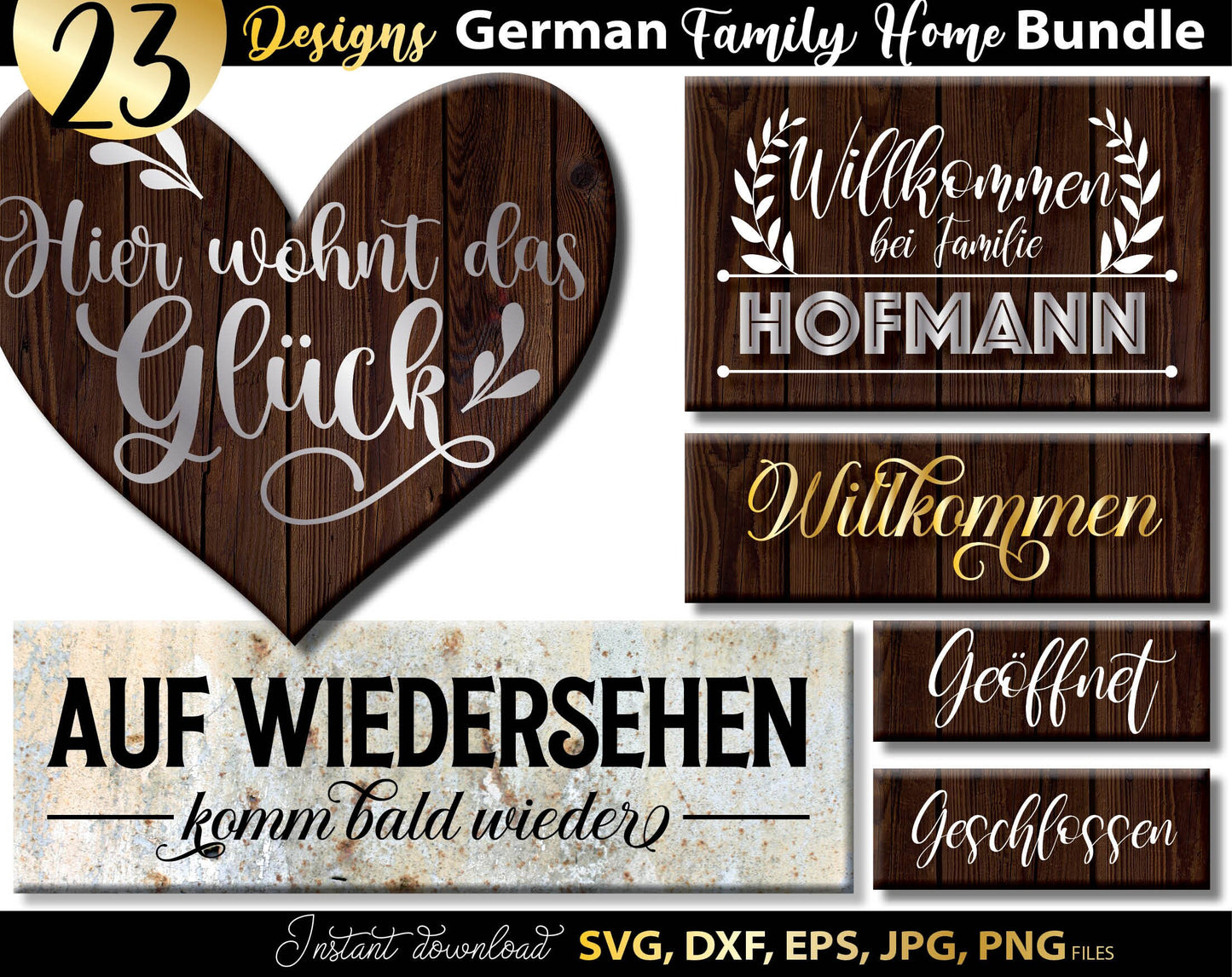 German Willkommen plotter file bundle. SVG DXF EPS JPG PNG files included. Compatible with Cricut, Silhouette or other equipment. Cut from vinyl, use for sublimation or laser cut or grave projects as well. Buy now for a good price and enjoy!