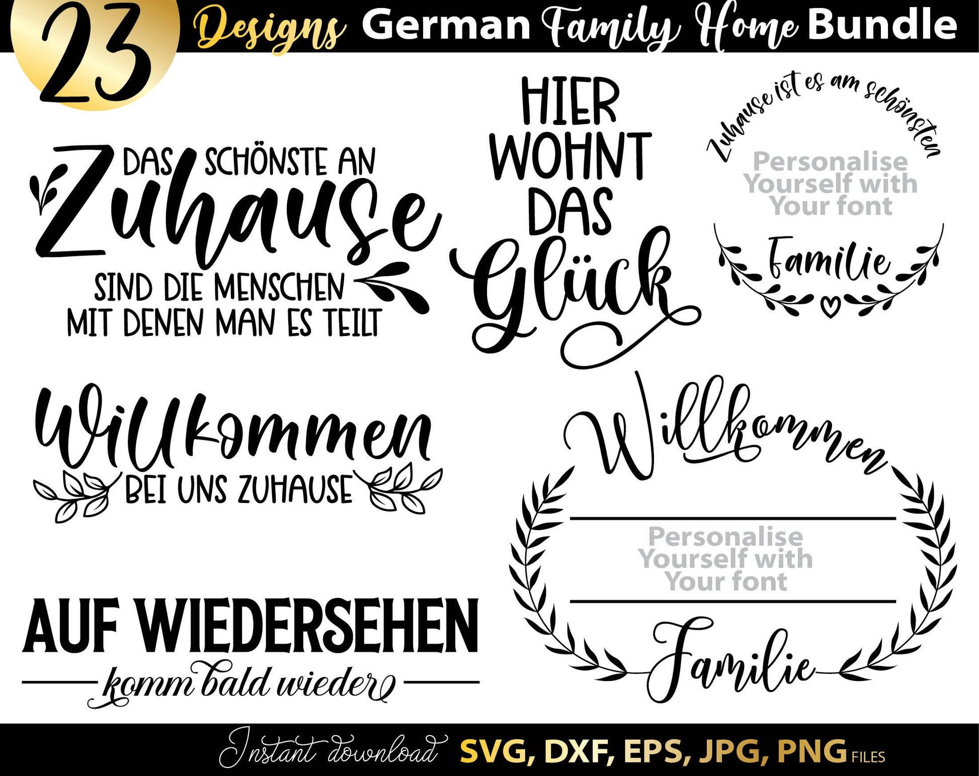 German Willkommen plotter file bundle. SVG DXF EPS JPG PNG files included. Compatible with Cricut, Silhouette or other equipment. Cut from vinyl, use for sublimation or laser cut or grave projects as well. Buy now for a good price and enjoy!