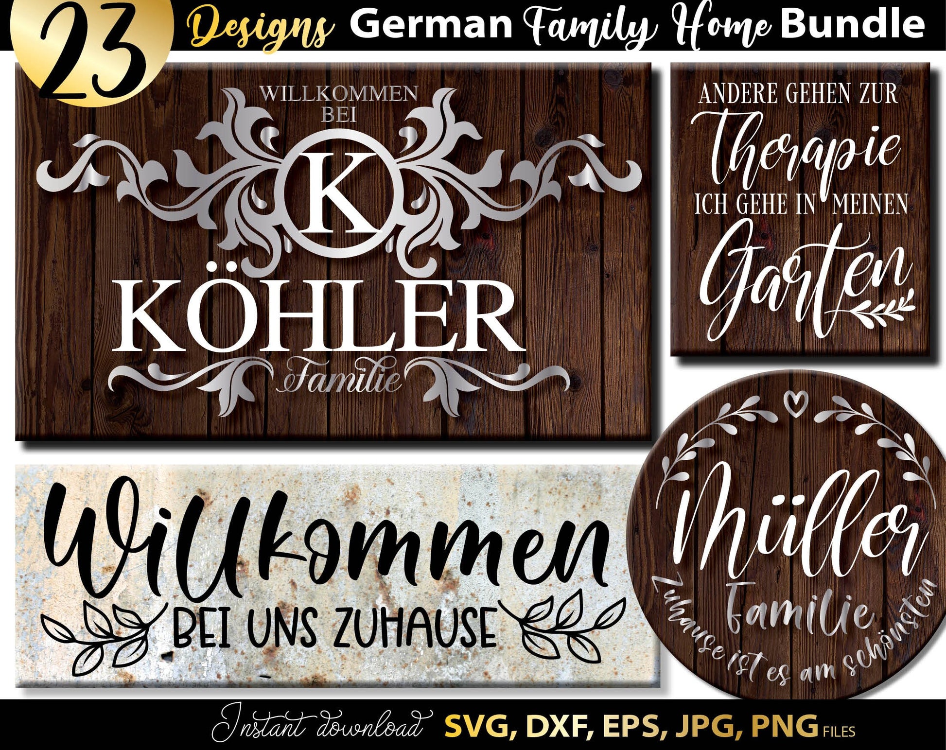 German Willkommen plotter file bundle. SVG DXF EPS JPG PNG files included. Compatible with Cricut, Silhouette or other equipment. Cut from vinyl, use for sublimation or laser cut or grave projects as well. Buy now for a good price and enjoy!