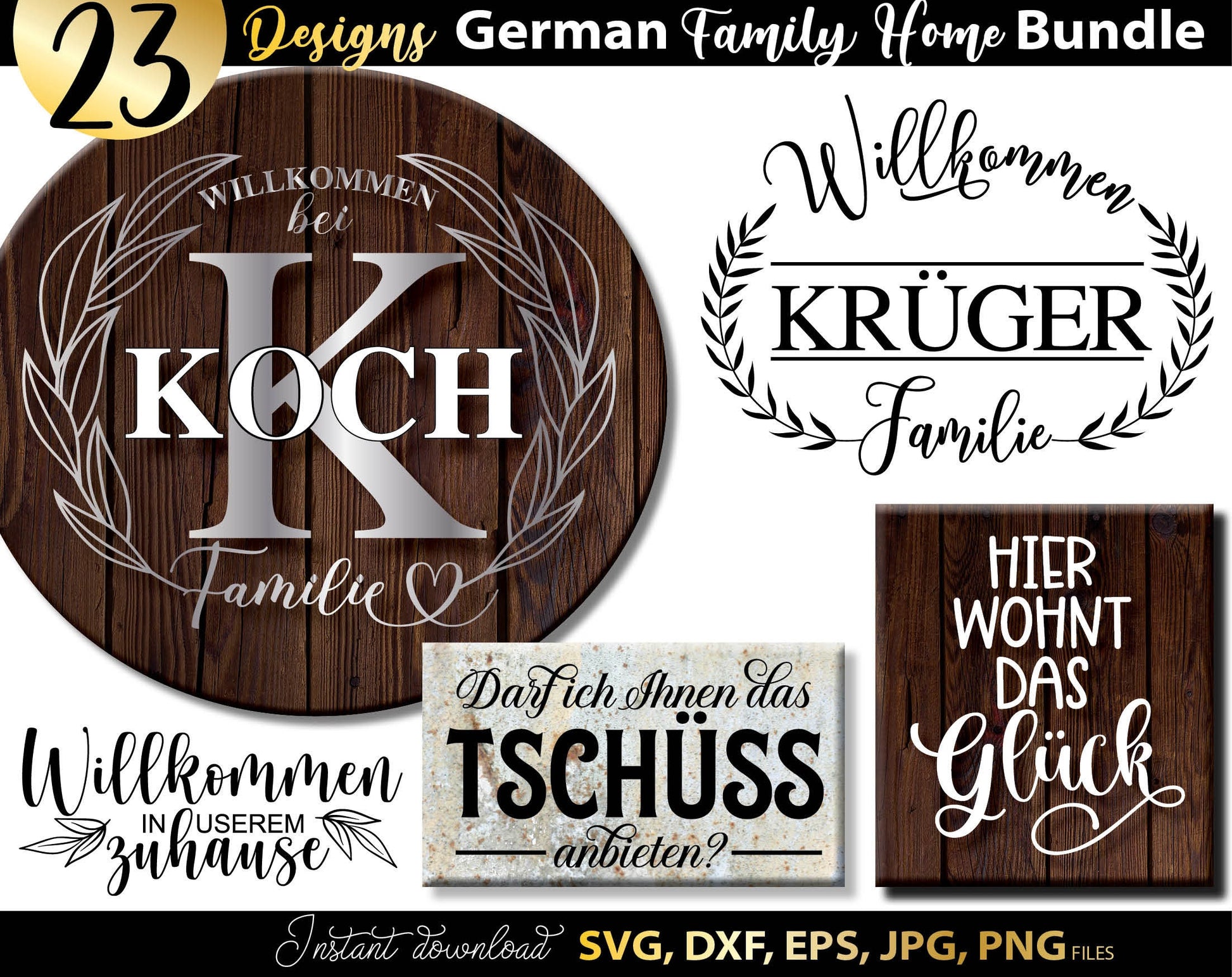 German Willkommen plotter file bundle. SVG DXF EPS JPG PNG files included. Compatible with Cricut, Silhouette or other equipment. Cut from vinyl, use for sublimation or laser cut or grave projects as well. Buy now for a good price and enjoy!