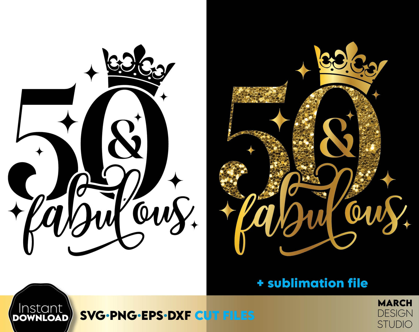 50 and fabulous Birthday shirt design for cutting from vinyl and glittered PNG included for Your sublimation projects. SVG, PNG, EPS, DXF files included. Compatible with Cricut, Silhouette and other machines. Buy now for a good price and enjoy!