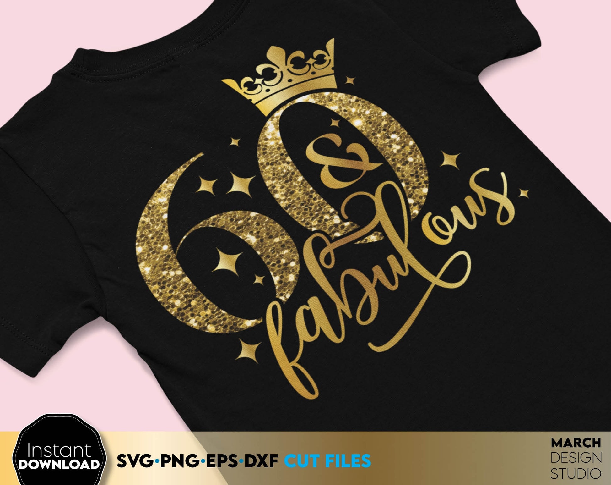 60 and fabulous shirt design for Your Birthday party. SVG PNG EPS DXF files included. Compatible with Cricut, Silhouette or other equipment. Use for cutting from vinyl, use for sublimation or laser cut projects. Buy now for a good price and enjoy!