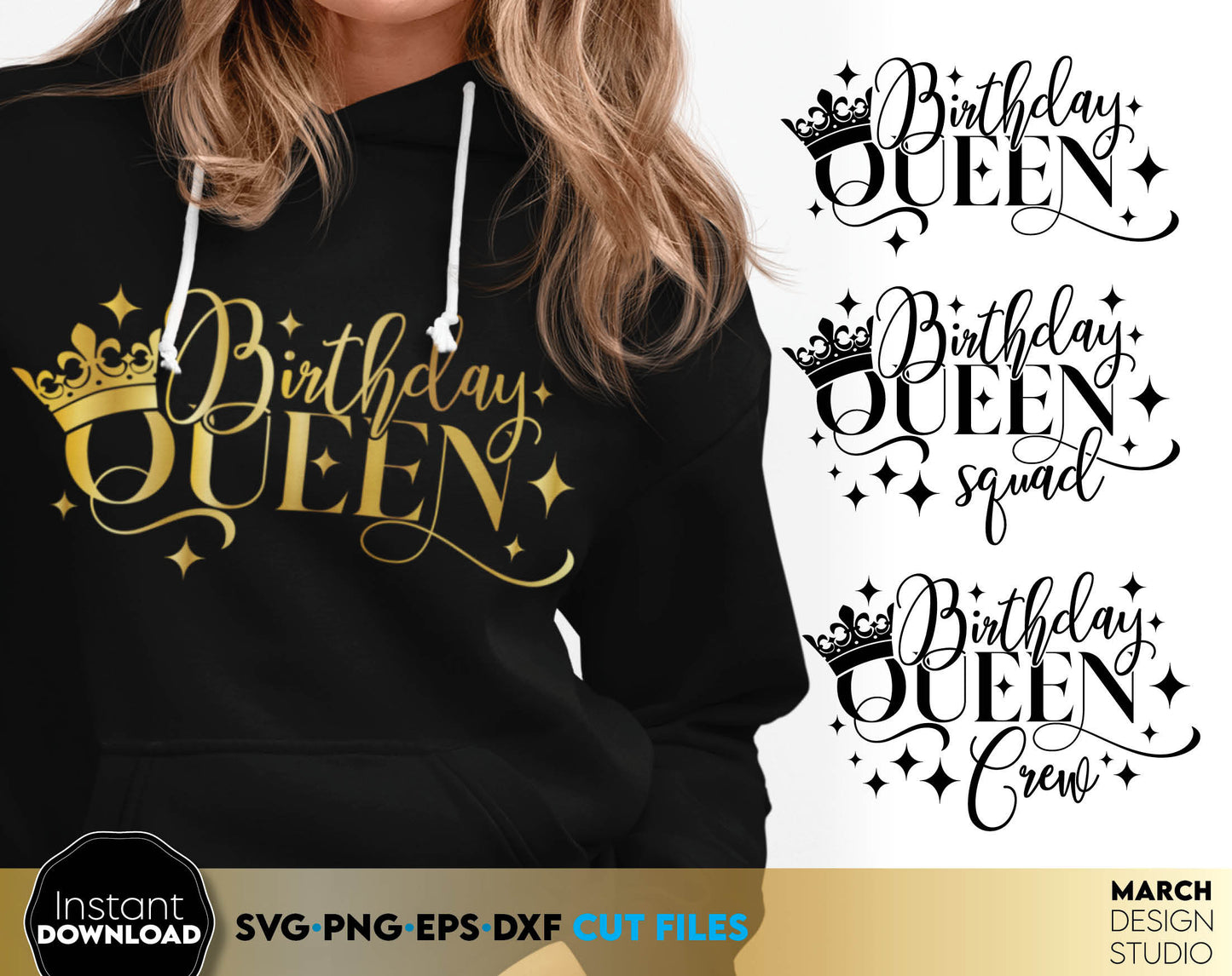 Gold glittered sublimation design for Birthday Queen party. Matching Shirts For Birthday Queen Squad or Crew. Celebrate Birthday princess party with this matching shirts designs. Use with Cricut or Silhouette equipment as well.