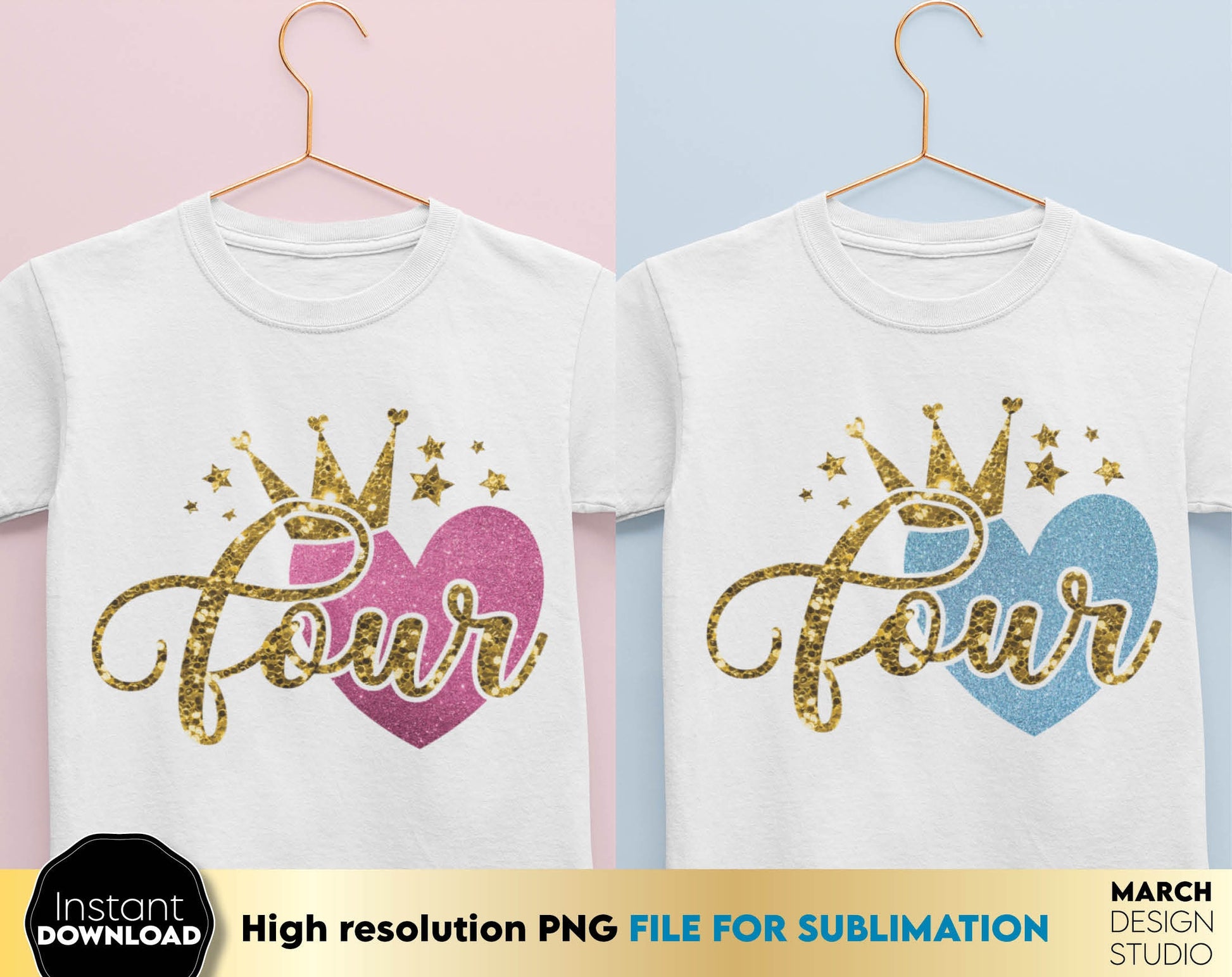 Sublimable design for little queens. 4 year anniversary design with glitter and crown. Delight your kids with a great 4th birthday design. Buy now at a good price!