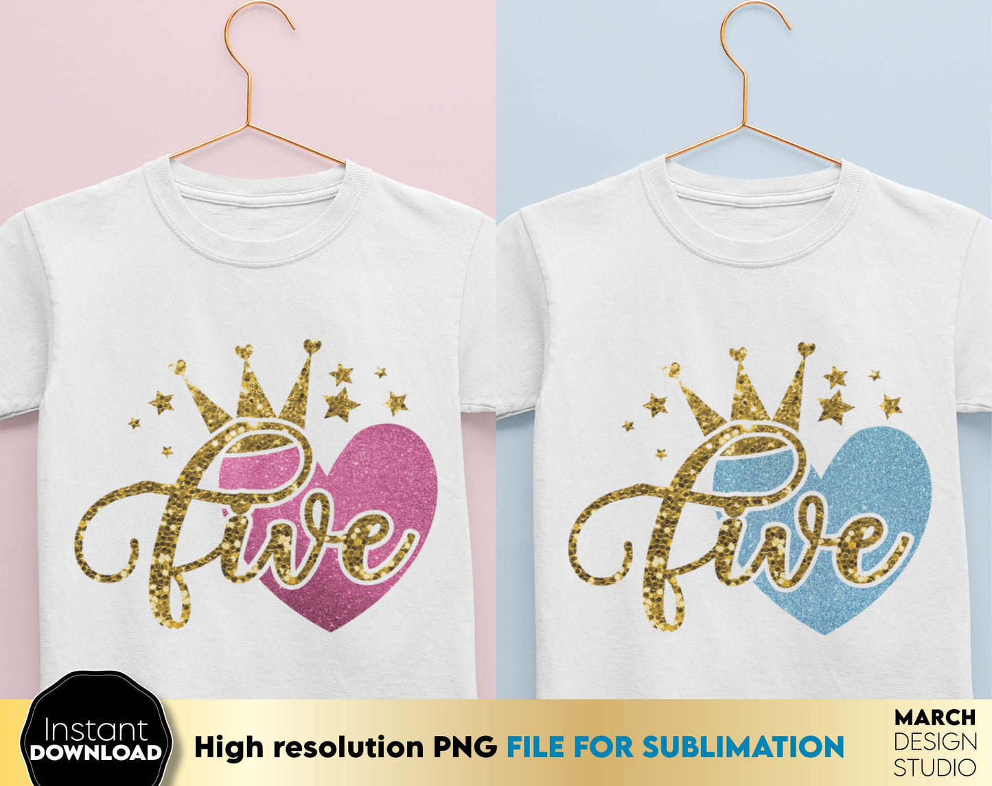 Glittered 5th Birthday Sublimable design for little queens. 5 year anniversary design with glitter and crown. Delight your kids with a great 5th birthday design. Buy now and enjoy!