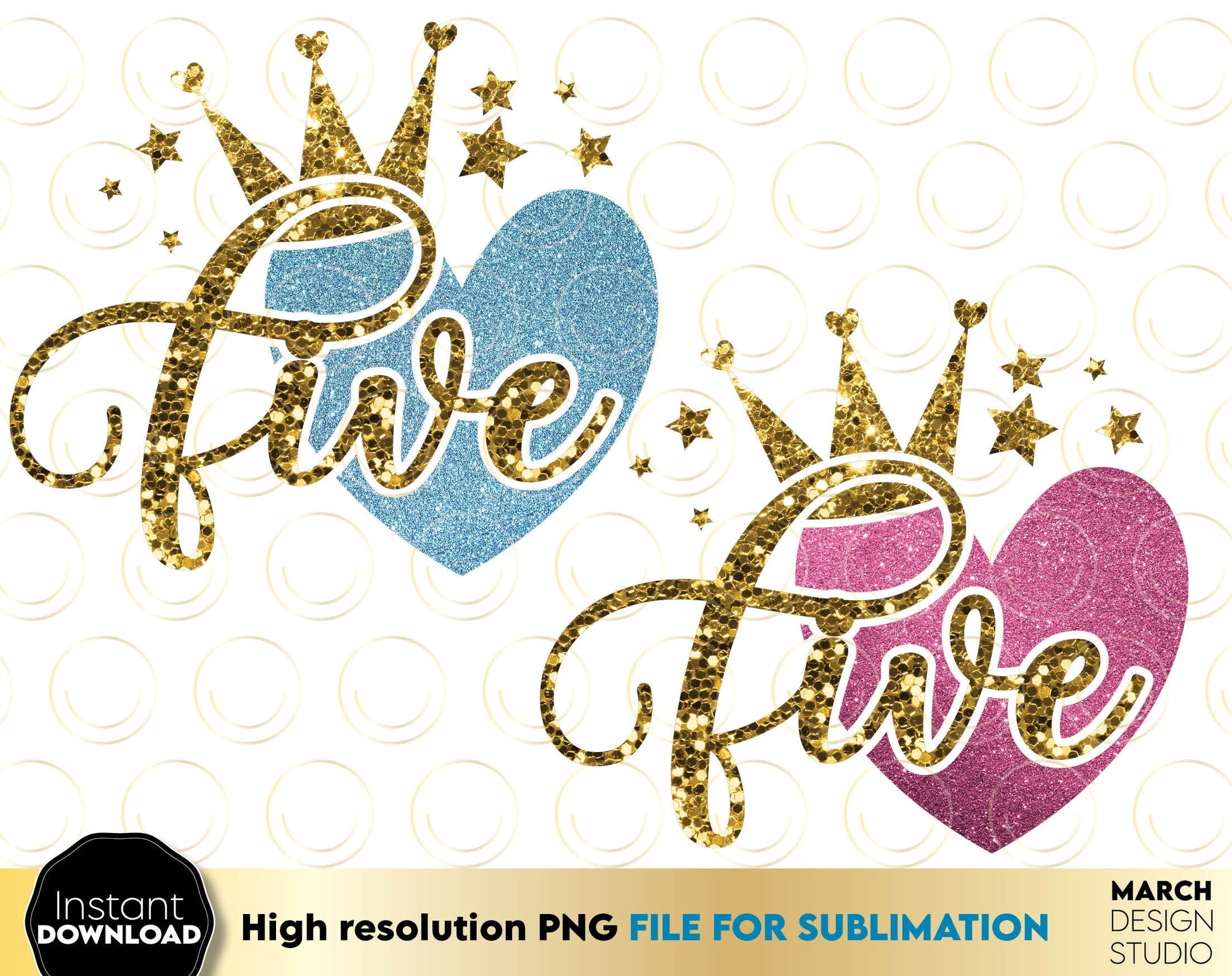 Glittered 5th Birthday Sublimable design for little queens. 5 year anniversary design with glitter and crown. Delight your kids with a great 5th birthday design. Buy now and enjoy!