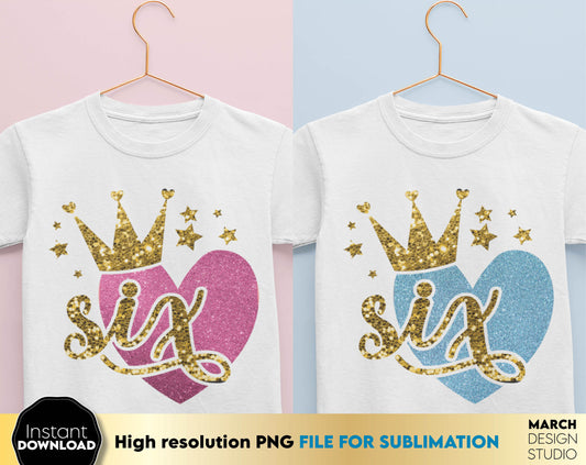 6th birthday glittered number design for little queen sublimation projects. 6th birthday anniversary design with glitter and crown. Delight your kids with a great 6th birthday design. Buy now for a good price and enjoy!