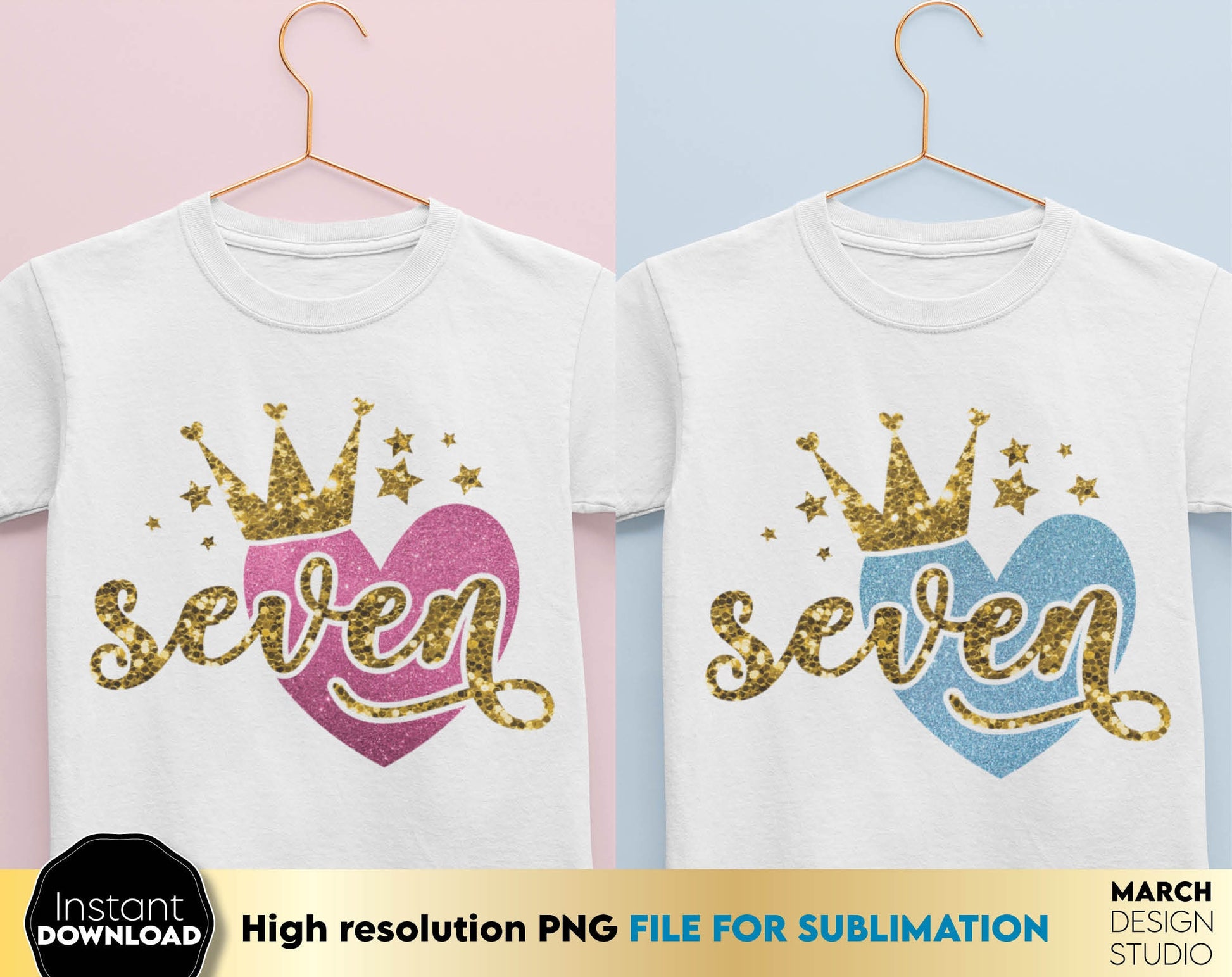 Glittered 7th Birthday Sublimable design for little queens. 7 year anniversary design with glitter and crown. Delight your kids with a great 7th birthday design. Buy now and enjoy!